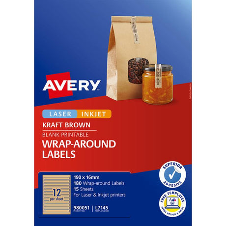 Avery L7145 Kraft labels, 190x16mm, ideal for packaging, custom printing, and tamper seals, featuring eco-friendly design.