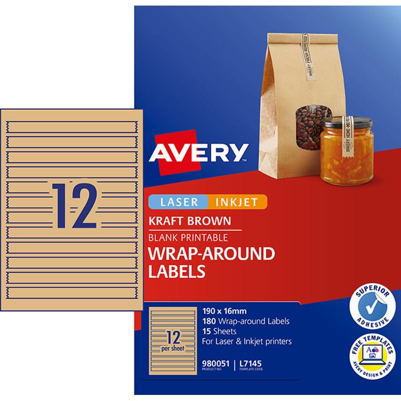 Avery L7145 Kraft wraparound labels, eco-friendly, 190x16mm, ideal for branding and tamper seals, 180 labels per pack.