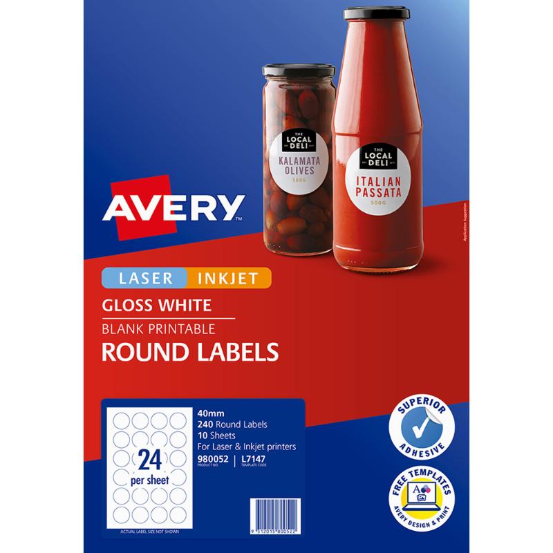 White glossy round labels (40mm) in a pack of 240, ideal for branding and packaging customization with strong adhesive.