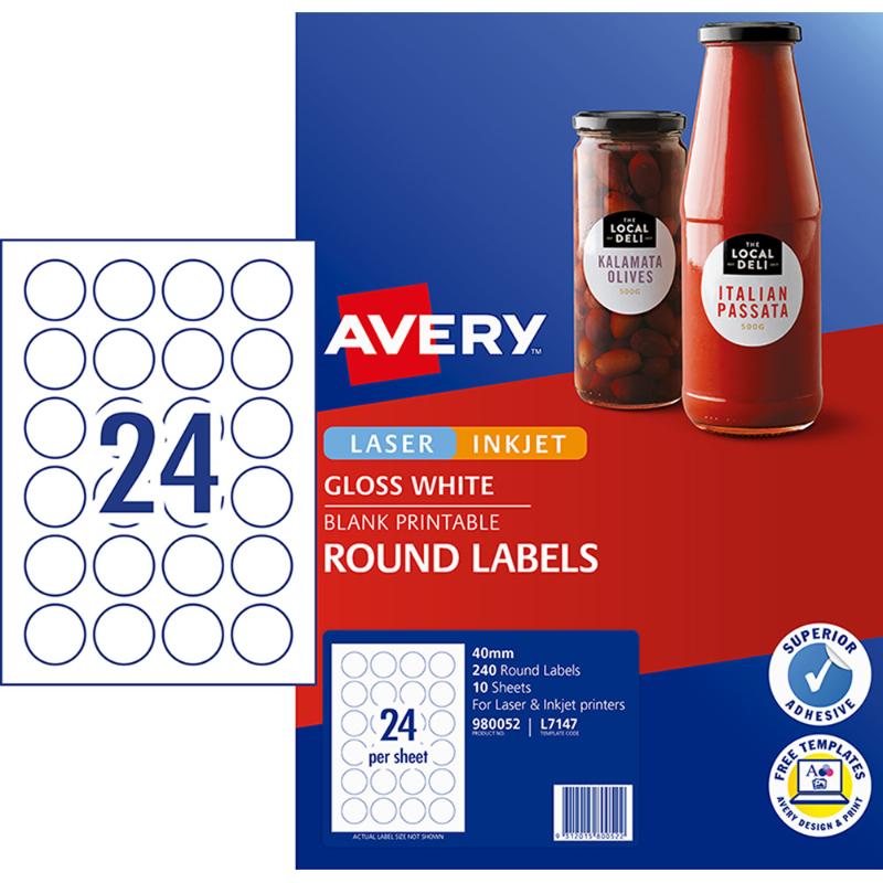 Avery L7147 white glossy round labels, 40mm, ideal for branding jars and packaging with a premium finish.