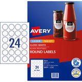 Avery L7147 white glossy round labels, 40mm, ideal for branding jars and packaging with a premium finish.