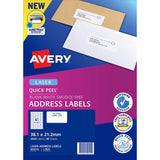 Avery Quick Peel Address Labels L7651, white, 38.1x21.2mm, 65 labels/sheet, 40 sheets, ideal for efficient laser printing.