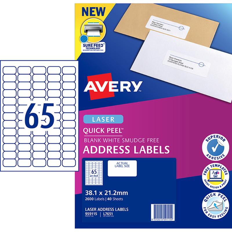 Avery Quick Peel Address Labels L7651, white, 38.1x21.2mm, 65 labels/sheet, 40 sheets, efficient for laser printing.