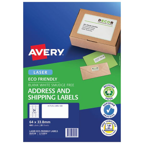 Eco-friendly address labels, 64x33.8mm, 100% recycled paper, 24 labels per sheet, perfect for sustainable mailing and organization.