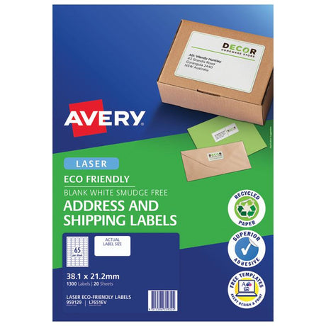 Eco-friendly Avery address labels on recycled paper, 38.1x21.2mm, 65 per sheet, perfect for sustainable mailing and labeling.