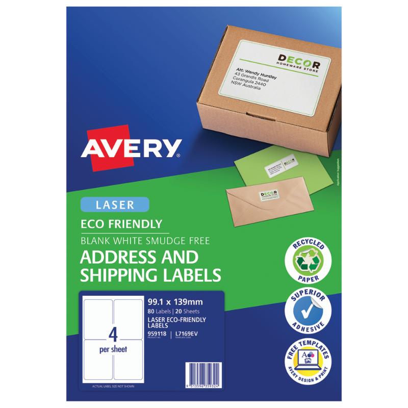 Avery Eco Friendly Address Labels on recycled paper, 99.1x139mm, 4 labels per sheet, perfect for sustainable mailing.