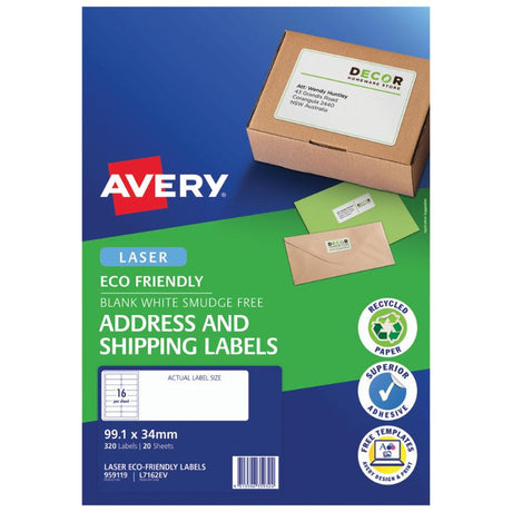 Avery Eco Friendly Address Labels, 99.1x34mm, 20 sheets, made from 100% recycled paper for sustainable mailing solutions.