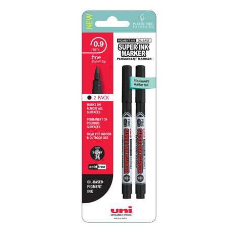 Black Uni Super Ink Permanent Marker 0.9mm 2-pack, known for its fade-resistant, water-resistant, and durable ink for versatile use.