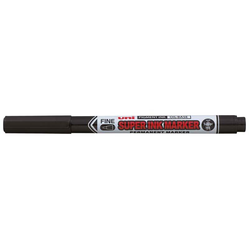 Uni Super Ink Capped Permanent Marker 0.9mm in black, ideal for various surfaces with fade-proof, waterproof ink.