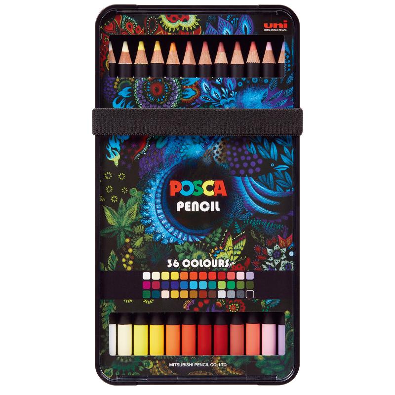 Assorted set of 36 Uni Posca Pencils featuring vivid colors, ideal for artists, blending, and versatile techniques.