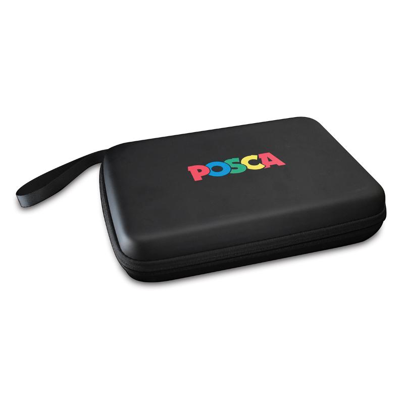 Black hard shell storage case for up to 25 POSCA markers, featuring zip closure, carry handle, and secure elastic compartments.