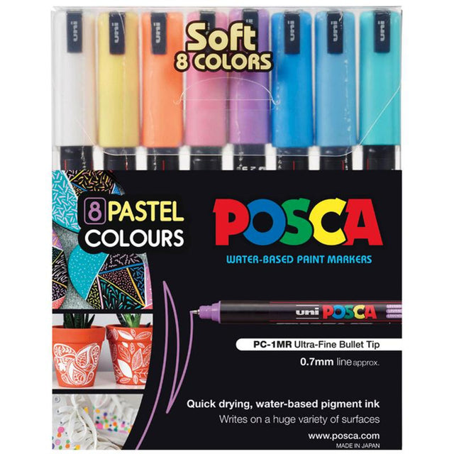 Uni Posca Marker set featuring 8 soft-color markers with ultra-fine tips for precise art on various surfaces.