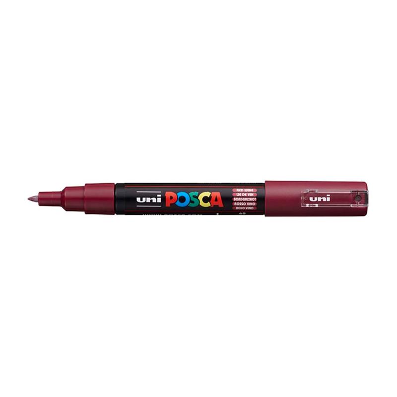 Uni Posca 0.7mm Red Wine Marker with ultra-fine tip for precise detailing on various surfaces and safe for all ages.