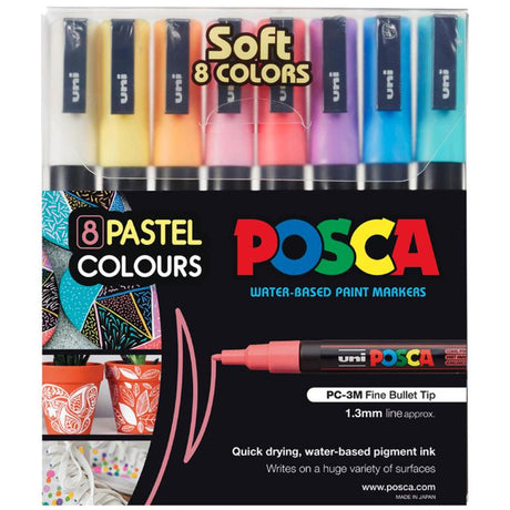 Set of 8 Uni Posca markers in soft colors, perfect for detailed artwork and versatile on multiple surfaces.