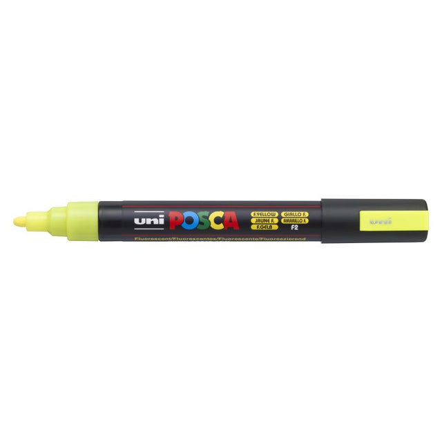 Fluoro Yellow Uni Posca Marker with 1.8-2.5mm tip for vibrant, precise artwork on various surfaces.