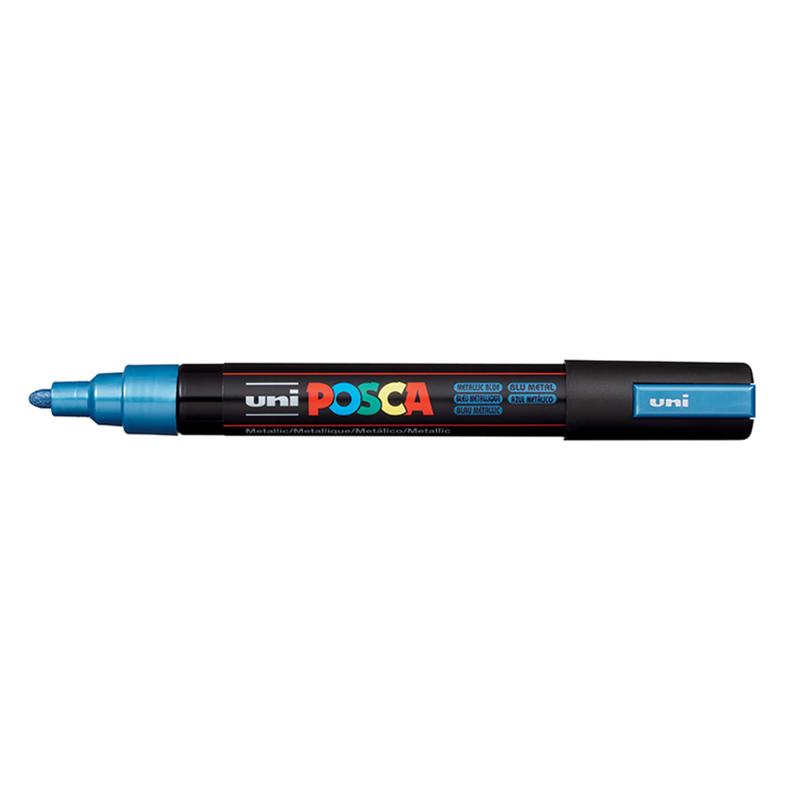 Uni Posca Marker in metallic blue, featuring a 1.8-2.5mm bullet tip for precise and vibrant artwork on various surfaces.