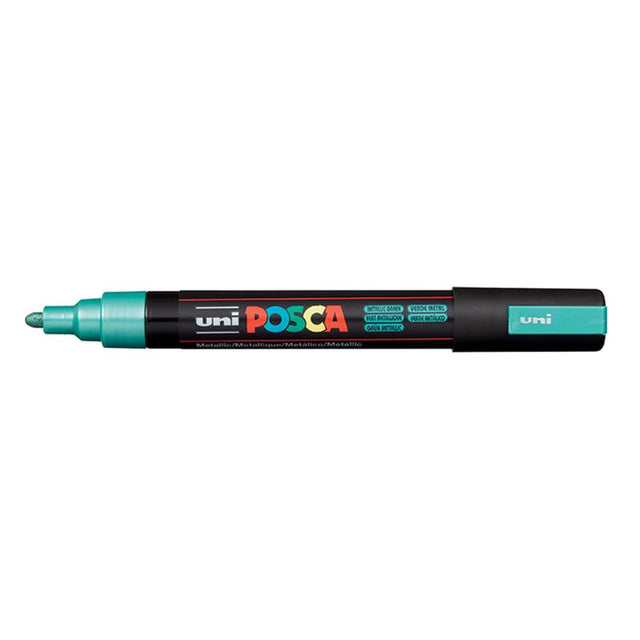 Metallic green Uni Posca Marker (PC-5M) with medium bullet tip, perfect for vibrant designs on various surfaces.