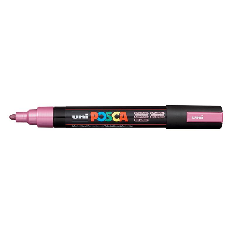 Metallic pink Uni Posca marker with medium bullet tip for versatile use on various surfaces, ideal for artists and crafters.