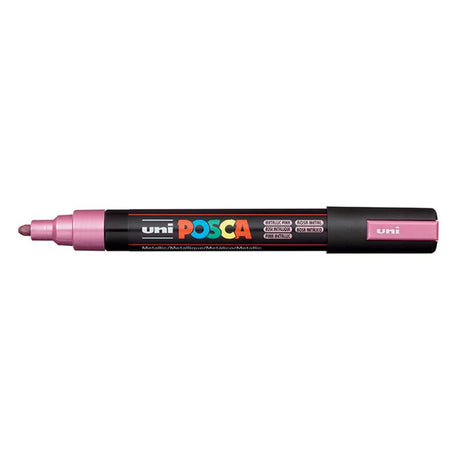 Metallic pink Uni Posca marker with medium bullet tip for versatile use on various surfaces, ideal for artists and crafters.