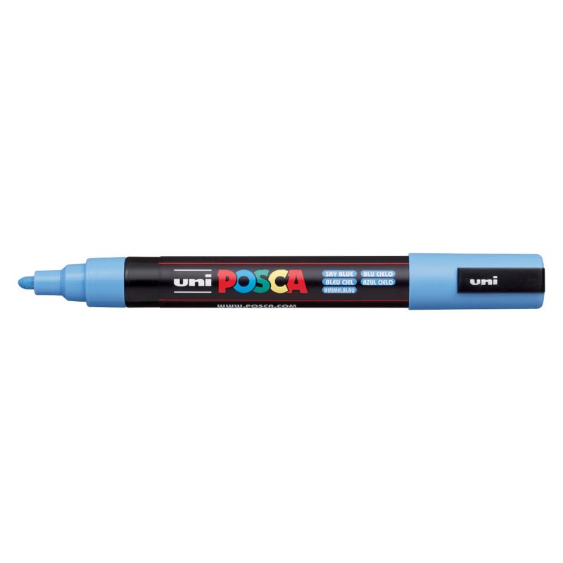 Sky Blue Uni Posca Marker with a medium bullet tip for precise lines on various surfaces, ideal for artists and DIY enthusiasts.