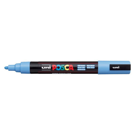 Sky Blue Uni Posca Marker with a medium bullet tip for precise lines on various surfaces, ideal for artists and DIY enthusiasts.