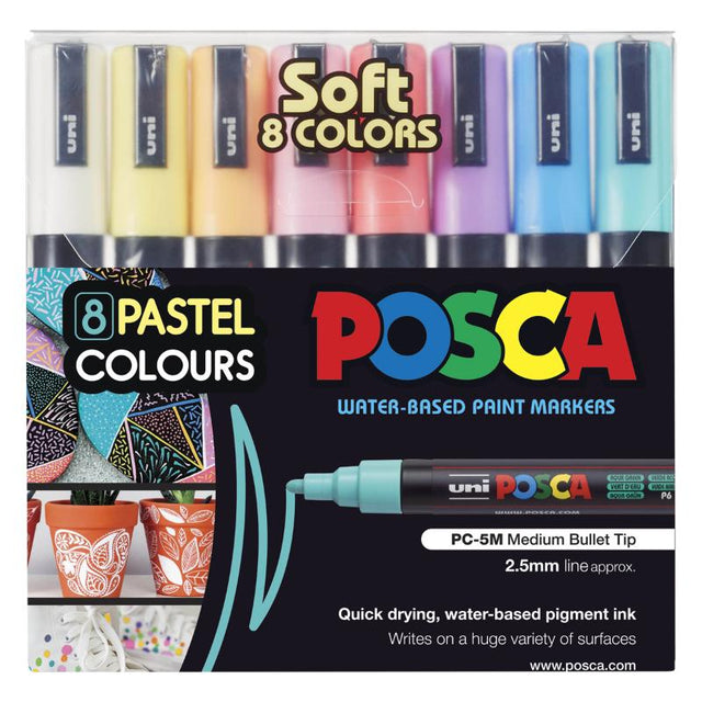 Uni Posca Marker set featuring 8 soft colors with flexible tips for detailed and broad artwork on various surfaces.