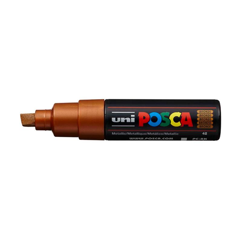 Uni Posca 8.0mm Bold Chisel Marker in bronze, perfect for precise, vibrant artwork on various surfaces.