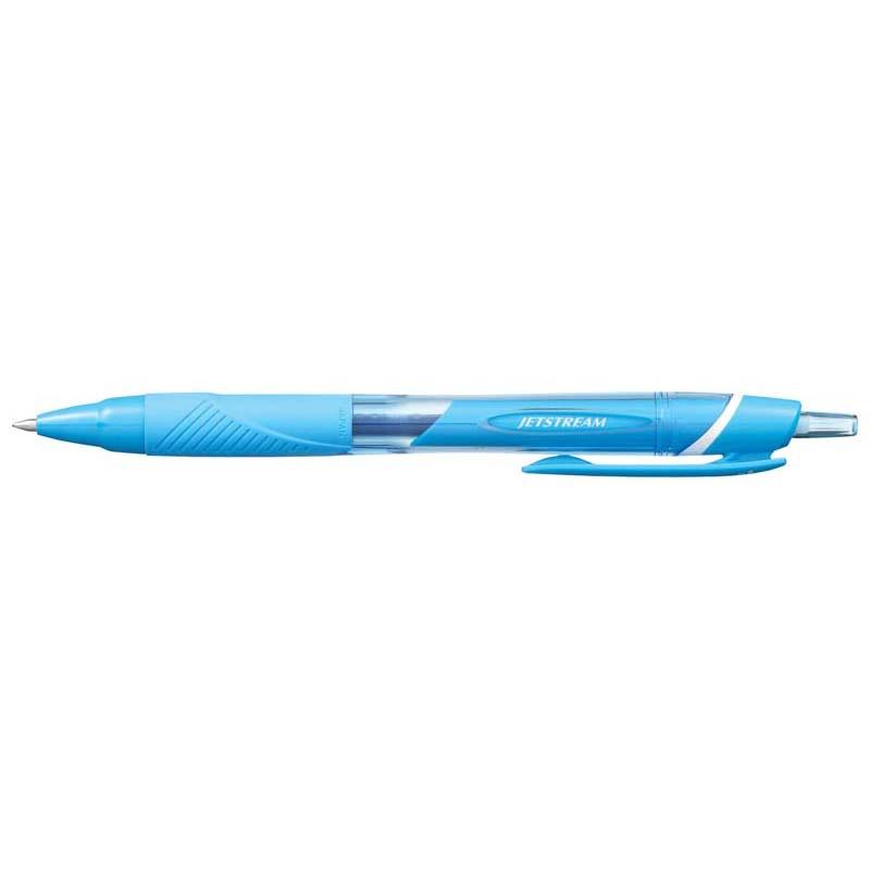 Light blue Uni Jetstream Sport retractable pen with 0.7mm nib, featuring a comfortable grip and smooth ink flow.