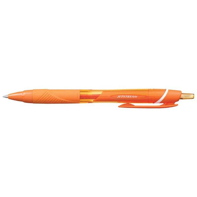 Uni Jetstream Sport Retractable 0.7mm pen in vibrant orange with a rubber grip and smooth, quick-drying ink for effortless writing.