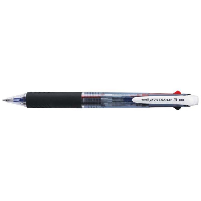 Uni Jetstream 0.7mm pen with blue, black, and red inks, featuring a comfortable grip for smooth, versatile writing.