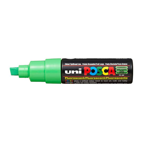 Fluoro green Uni Posca Marker 8.0mm with a bold chisel tip, perfect for vibrant artistry on various surfaces.