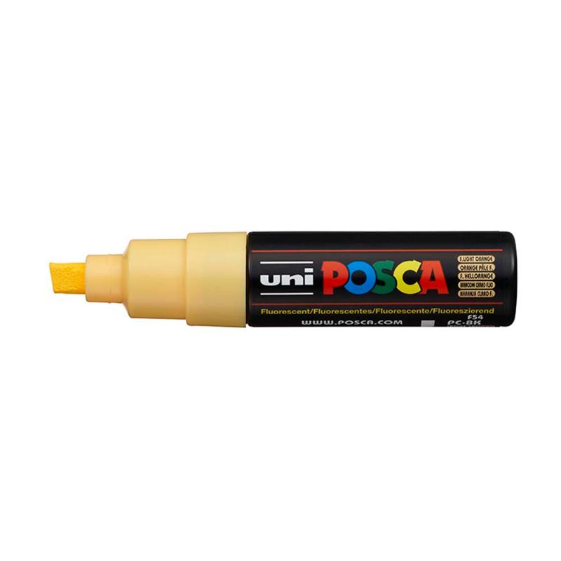 Uni Posca Marker in Fluoro Light Orange with 8.0mm bold chisel tip, ideal for vibrant illustrations and diverse crafting surfaces.