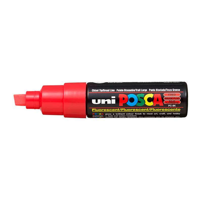 Fluoro red Uni Posca Marker with 8.0mm bold chisel tip for vibrant, precise artwork on various surfaces.