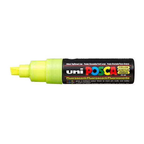 Uni Posca 8.0mm Bold Chisel Marker in Fluoro Yellow, ideal for vibrant artwork on various surfaces with precise, smooth lines.