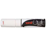 Uni Chalk Marker in white, featuring an 8.0mm chisel tip for versatile use on non-porous surfaces like windows and metal.