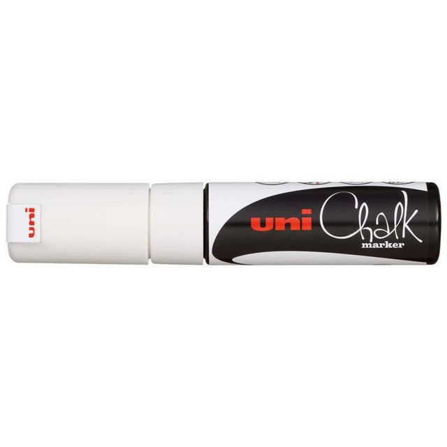 Uni Chalk Marker in white, featuring an 8.0mm chisel tip for versatile use on non-porous surfaces like windows and metal.