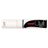 White Uni Chalk Marker with 8.0mm chisel tip, ideal for creative expression on non-porous surfaces like windows and metal.