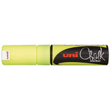 Fluoro Yellow Uni Chalk Marker with 8.0mm chisel tip for vibrant writing on non-porous surfaces, easily removable.