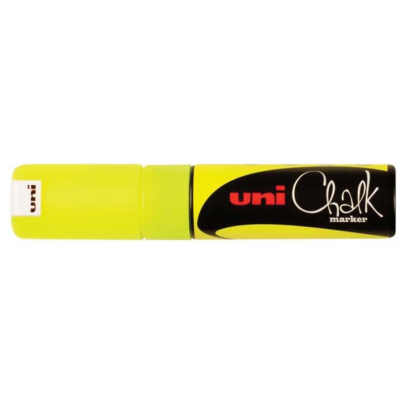 Uni Chalk Marker in Fluoro Yellow with 8.0mm chisel tip, ideal for vibrant, removable writing on non-porous surfaces.