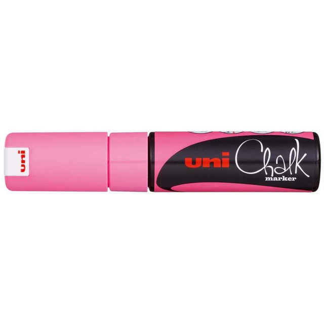 Fluoro Pink Uni Chalk Marker with 8.0mm chisel tip, ideal for temporary designs on non-porous surfaces.