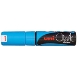 Light blue Uni Chalk Marker with 8.0mm chisel tip for vibrant designs on non-porous surfaces, easily erasable with a damp cloth.