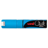 Light blue Uni Chalk Marker with an 8.0mm chisel tip, perfect for vibrant writing on non-porous surfaces.