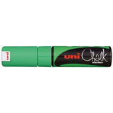 Uni Chalk Marker 8.0mm chisel tip in Fluoro Green for vibrant, non-permanent art on windows, metal, and plastic surfaces.