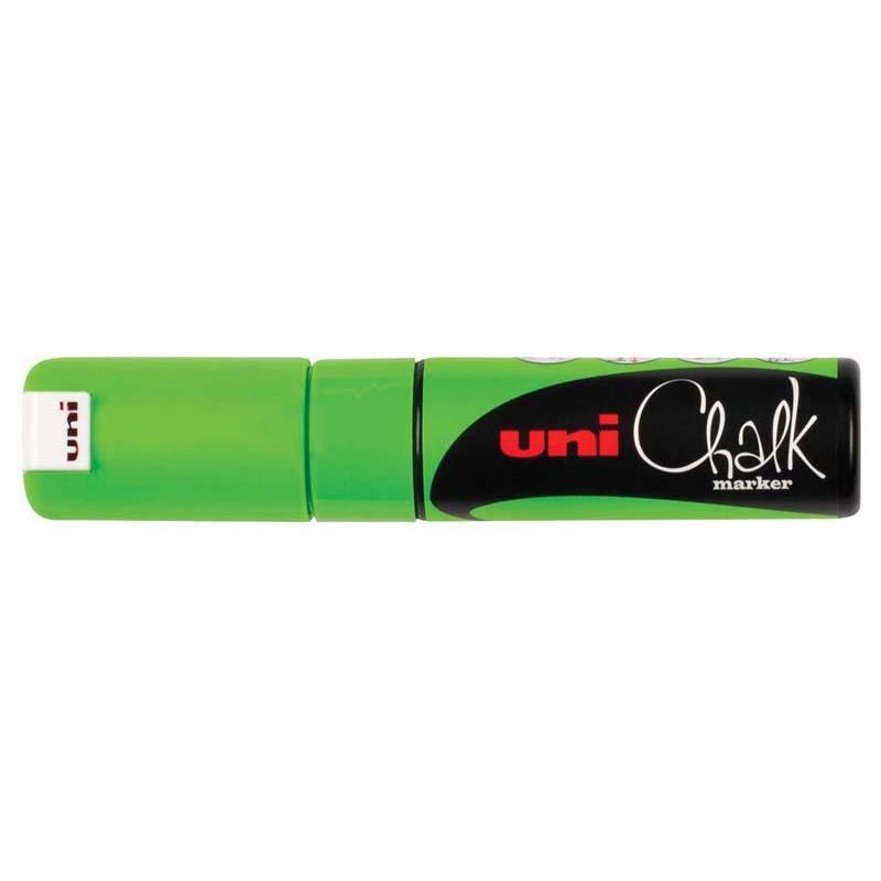 Fluoro green Uni Chalk Marker with 8.0mm chisel tip for vibrant marking on non-porous surfaces, easily removable with water.