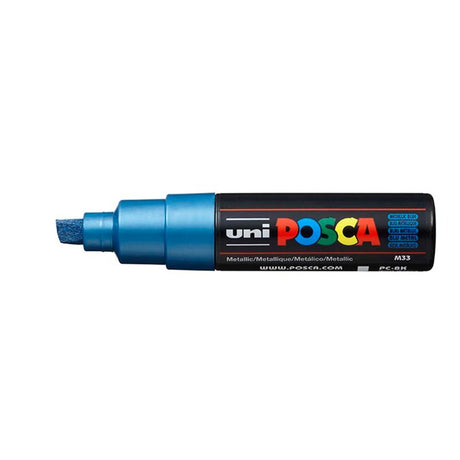 Metallic blue Uni Posca Marker 8.0mm with bold chisel tip, ideal for creative projects on various surfaces.