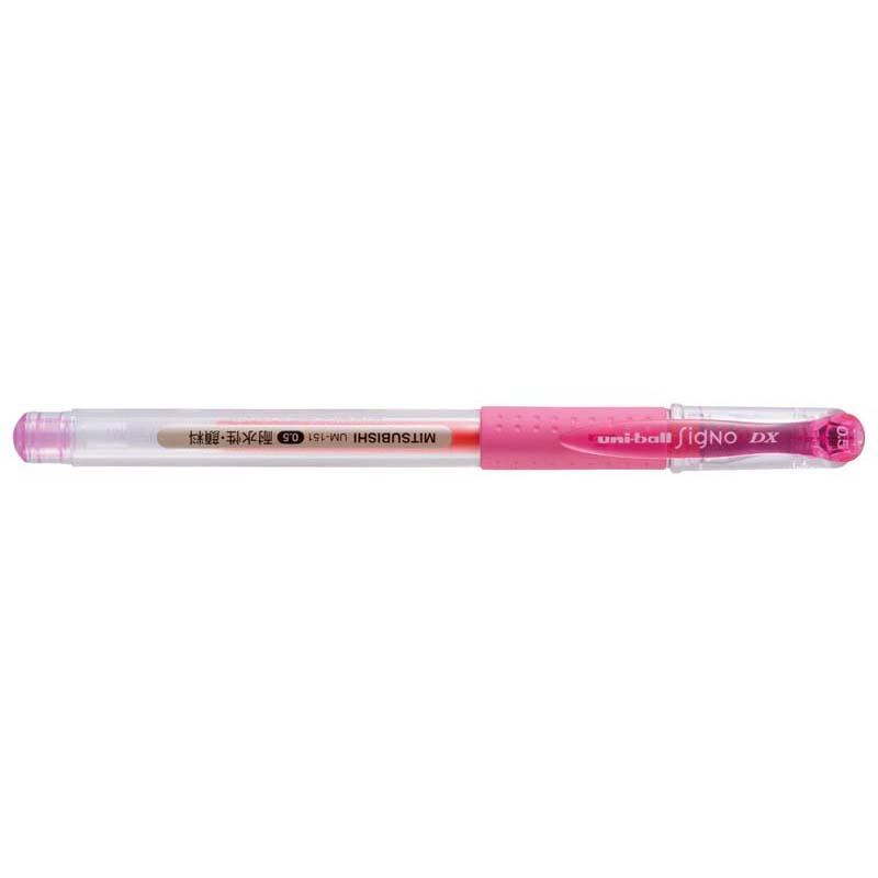 Bright pink Uni-ball Signo DX 0.5mm rollerball pen, perfect for detailed writing and creative projects, waterproof and fadeproof.