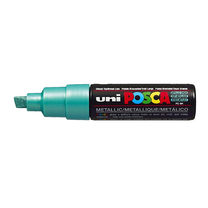 Uni Posca Marker 8.0mm Bold Chisel in metallic green, perfect for vibrant art on various surfaces.