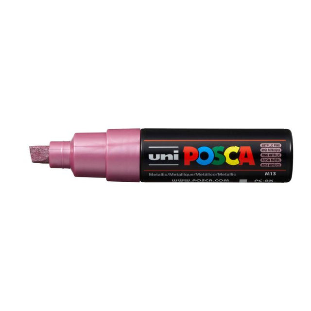 Uni Posca Marker 8.0mm in metallic pink with chisel tip for vibrant, versatile artwork on various surfaces.