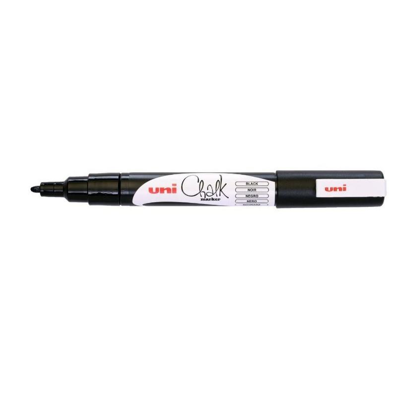 Uni Chalk Marker in black with a bullet tip, designed for non-porous surfaces and easy cleanup with a damp cloth.