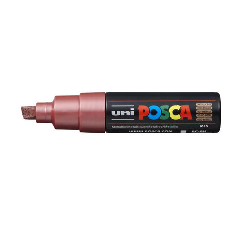 Uni Posca 8.0mm Metallic Red marker with bold chisel tip, ideal for vibrant art on various surfaces.